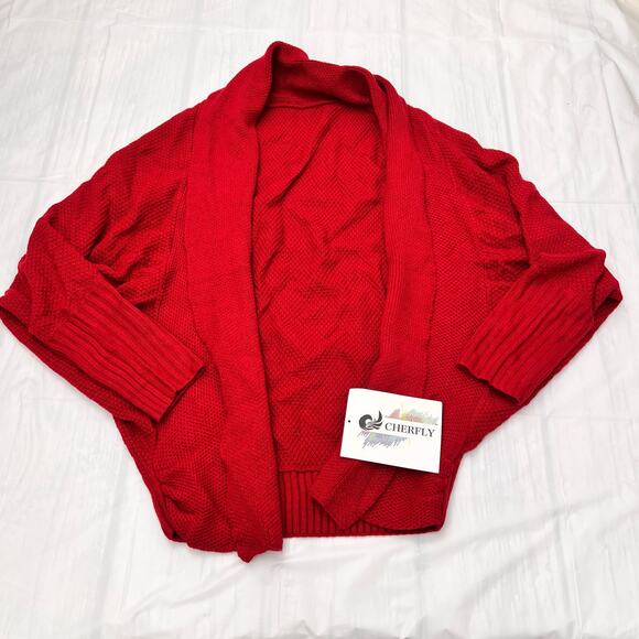 CHERFLY Women's Batwing Sleeve Cardigan Sweater Knit Red Sweater Cardigan Size L - Picture 3 of 8